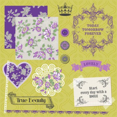 Scrapbook tasarım öğeleri - vintage Menekşe gül - vektör