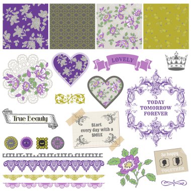 Scrapbook tasarım öğeleri - vintage Menekşe gül - vektör