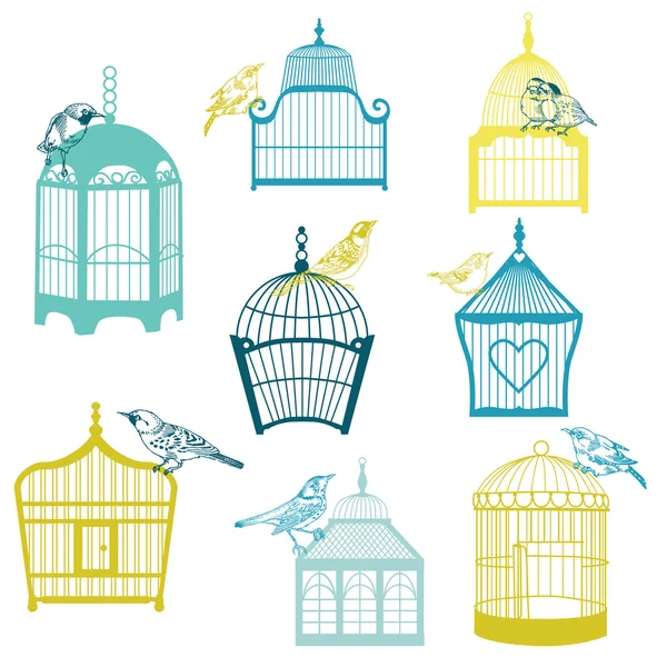 Vogels en vogelkooien collectie - voor ontwerp of Kladblok — Stockvector