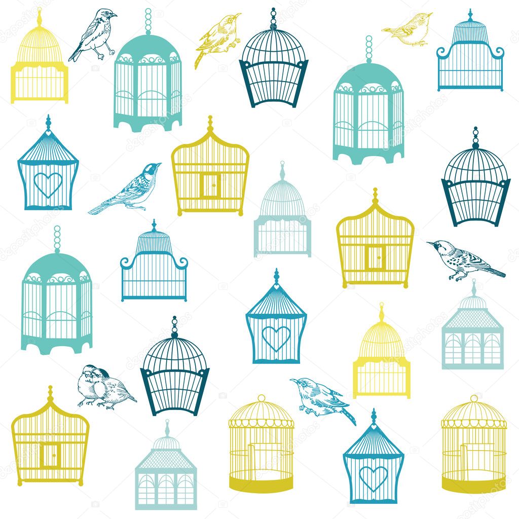 Birds and Birdcages Background - for design or scrapbook - in ve