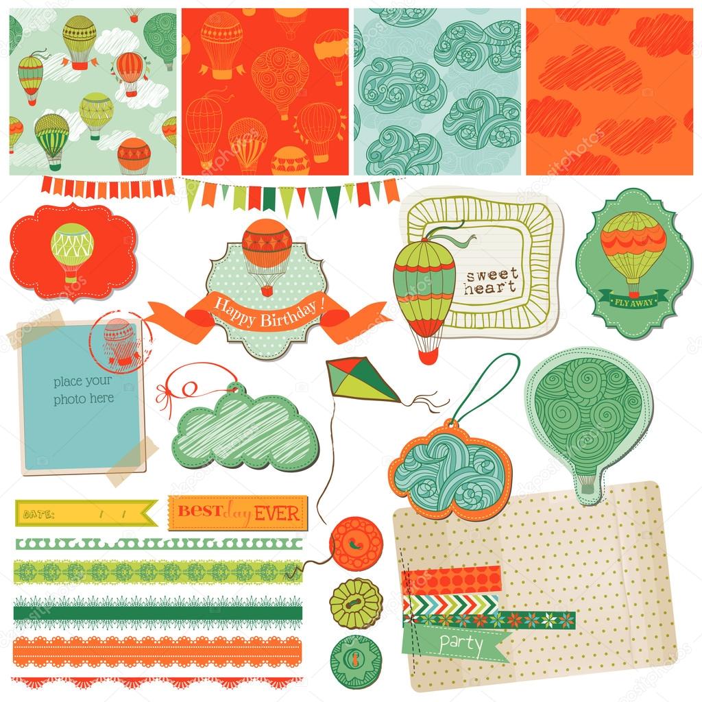 Scrapbook Design Elements - Cute Air Balloons and Clouds - in ve