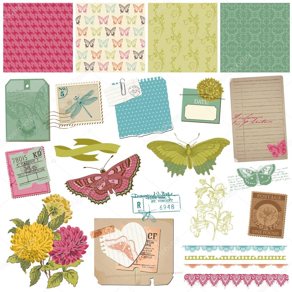 Scrapbook Design Elements - Vintage Butteflies and Flowers - in