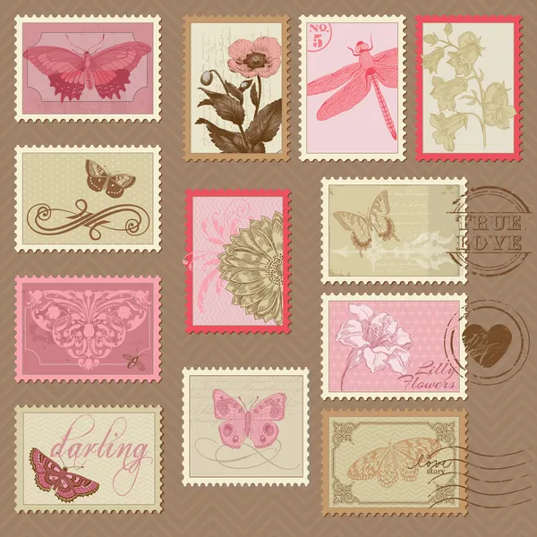 Retro Postage Stamps - with butterflies and flowers - for weddin — Stock Vector
