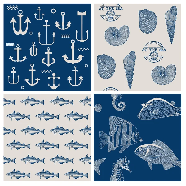 Ryby a mořské pozadí sada - pro scrapbook nebo design — Stockový vektor