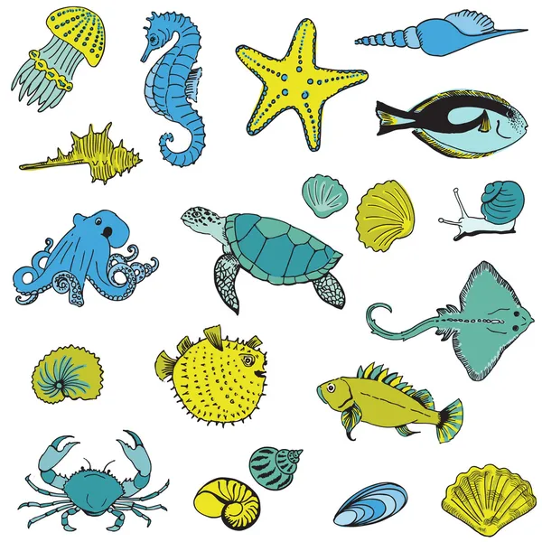 Vida marina Animales - Colección dibujada a mano en vector — Vector de stock
