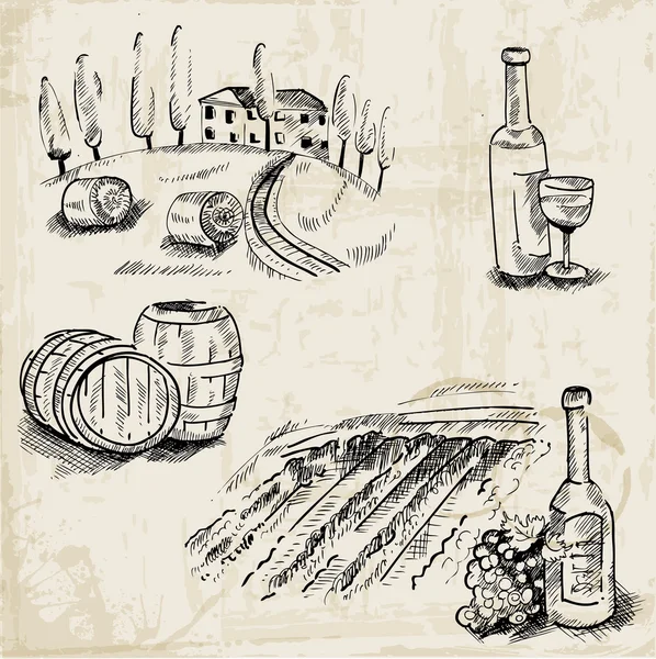 Wijn, wijnbouw en vineyard - hand getrokken illustratie — Stockvector