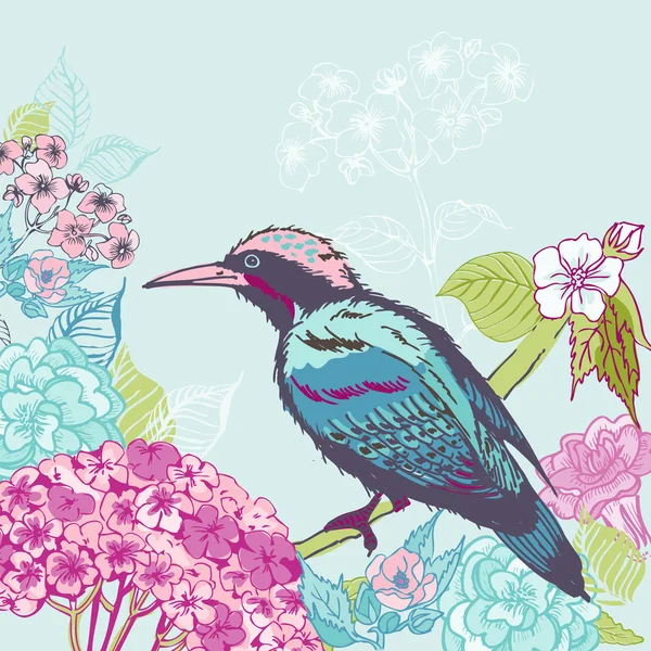 Pájaro con flores de fondo - para diseño y álbum de recortes — Vector de stock