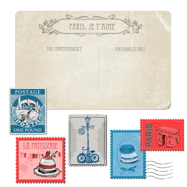 Postal Vintage con Set de Sellos - Vintage Paris y Francia — Archivo Imágenes Vectoriales