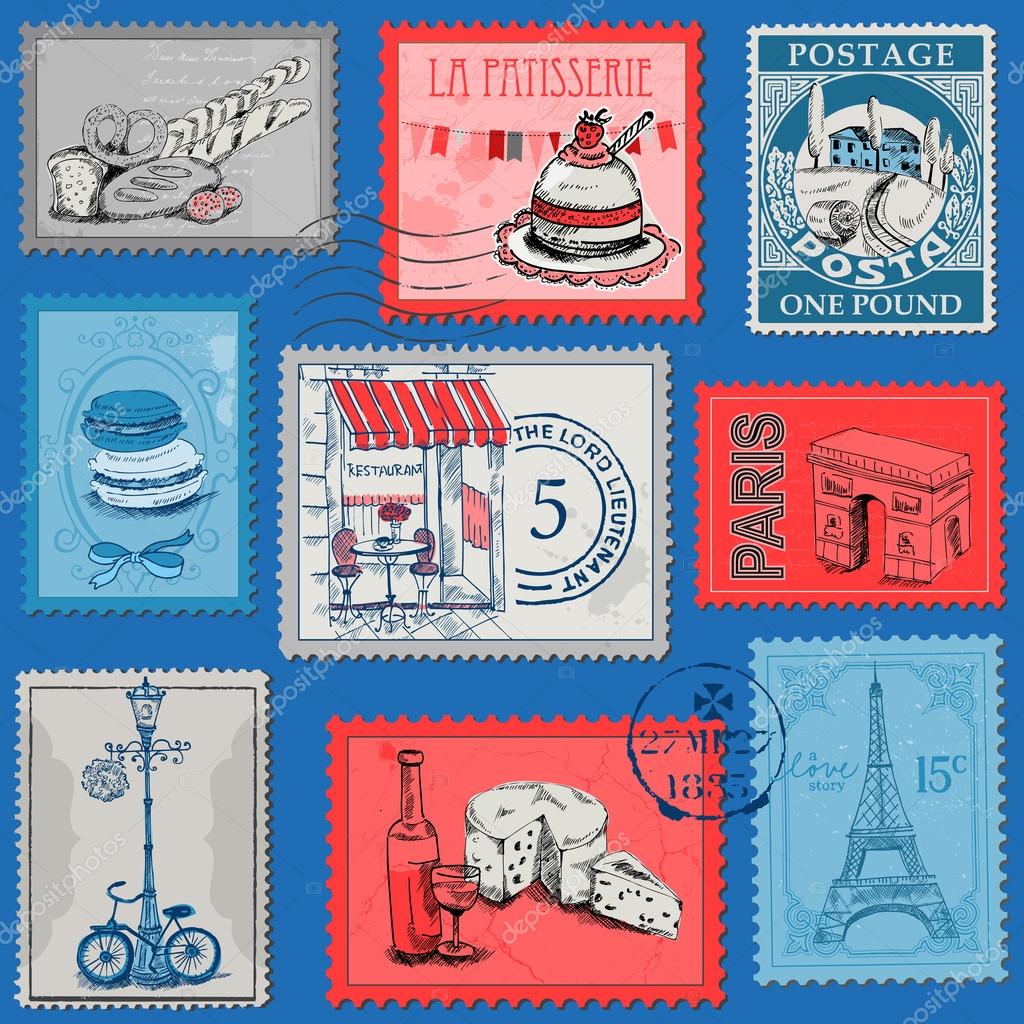 Set of Stamps Vintage Paris and France Stock Vector Image by