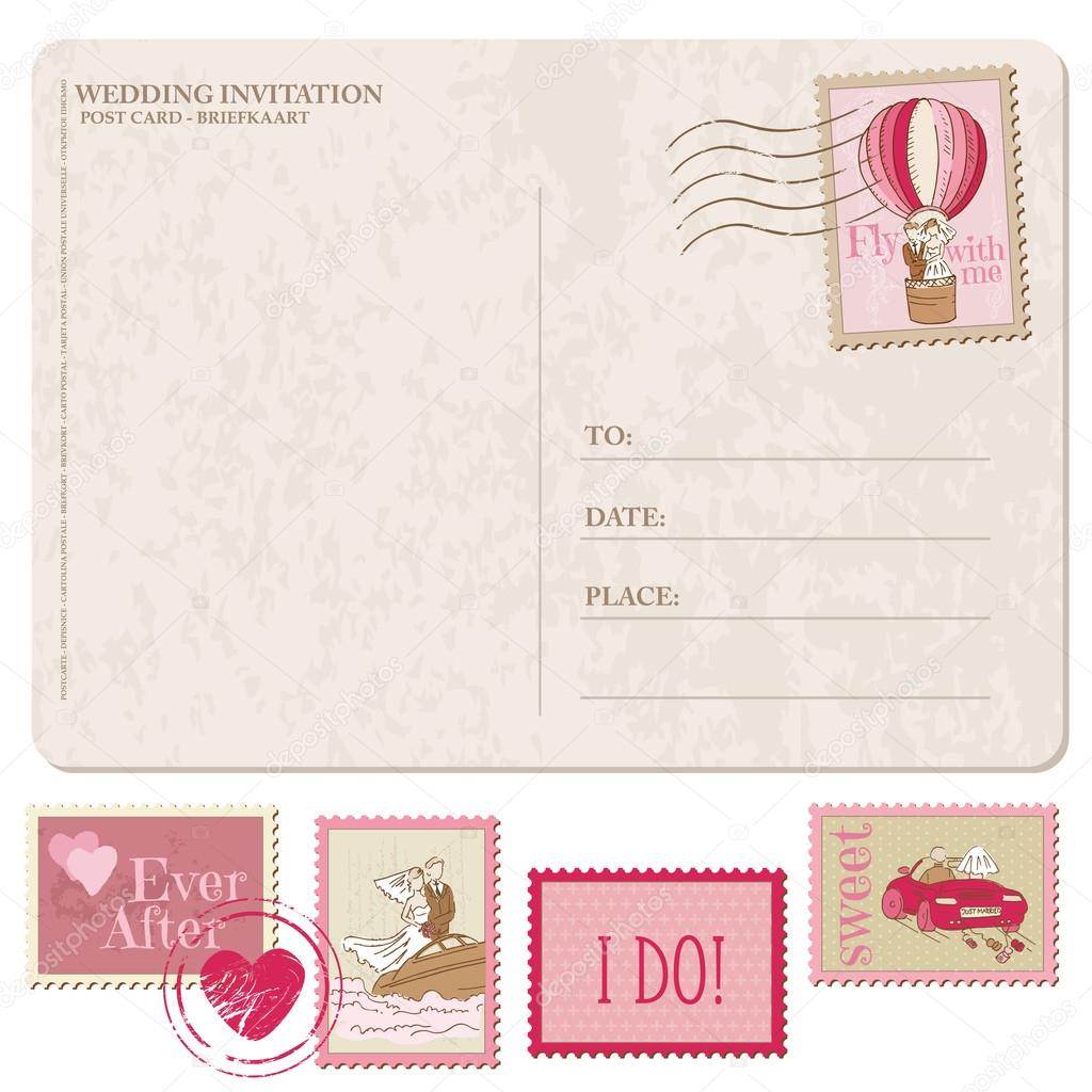 wedding invitation vintage postcard with postage stamps stock
