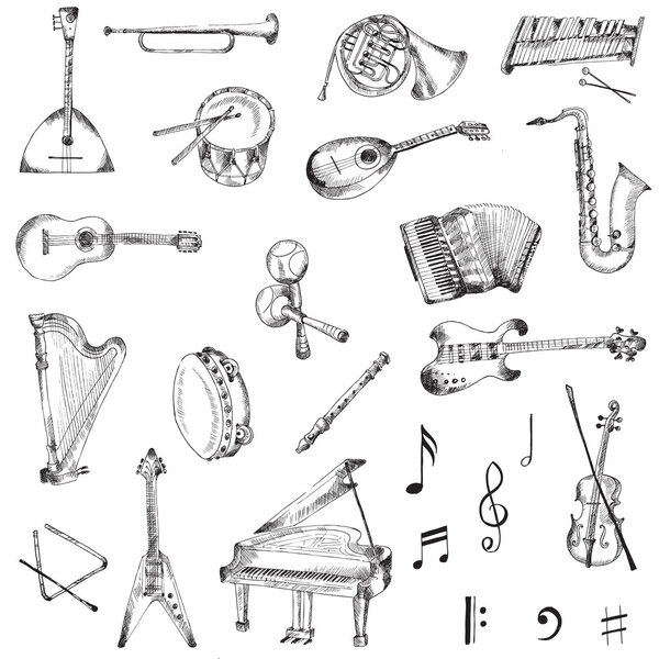 Набор музыкальных инструментов - рука, нарисованная вектором
