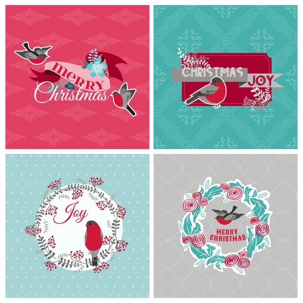 Kerstkaarten met vogels en krans-voor ontwerp en scrapbook — Stockvector