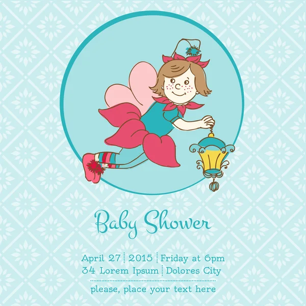 Baby Arrival or Shower Card - with Sleeping Fairy Girl — Stock Vector