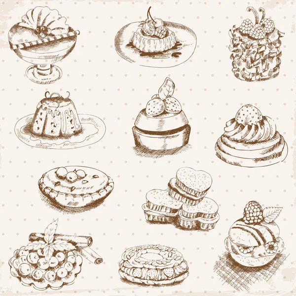 Set of Cakes, Sweets and Desserts - hand drawn in vector — Stock Vector