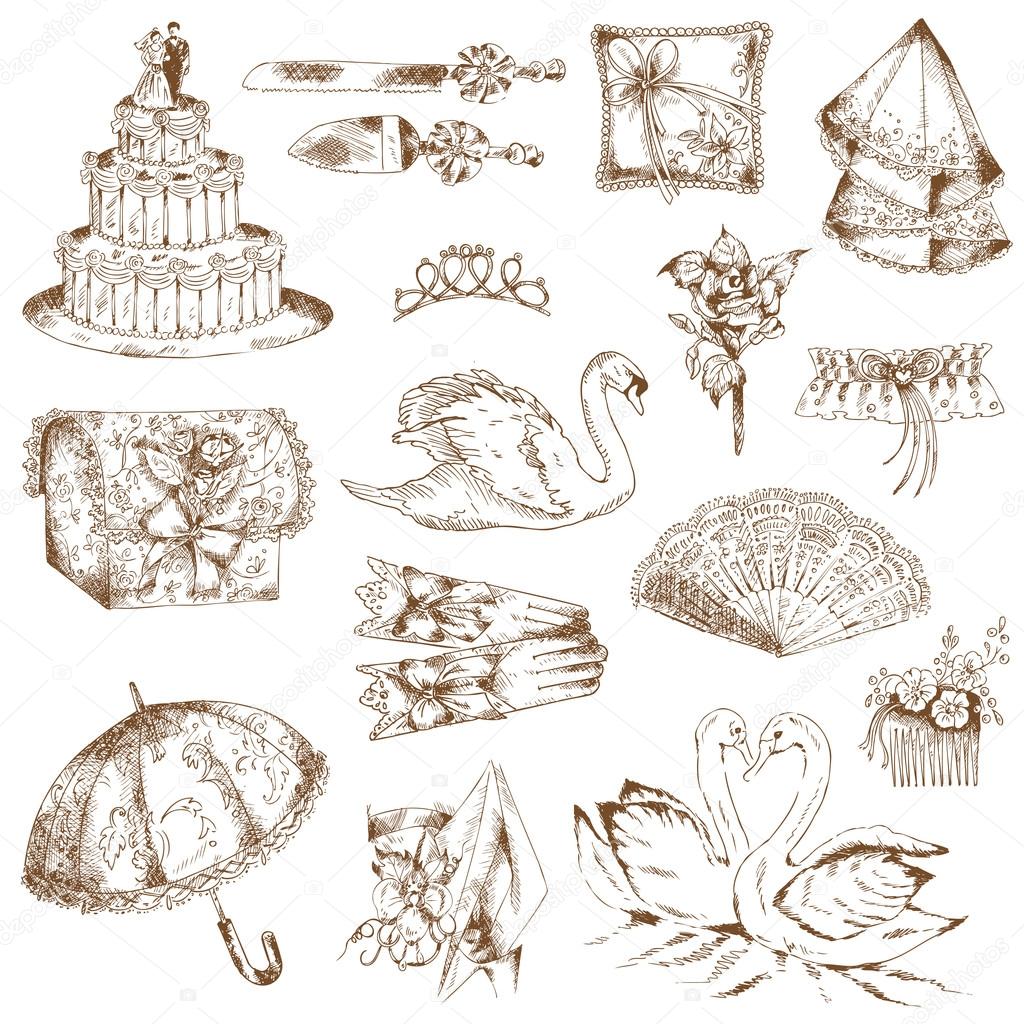 Set of Beautiful Wedding Hand Drawn Elements - in vector