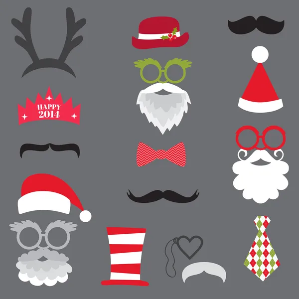 Conjunto de festa retrô de Natal - óculos, chapéus, lábios, bigodes, máscara — Vetor de Stock