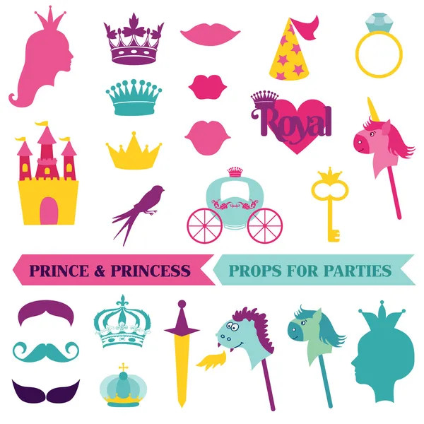 Prince and Priness Party set - photobooth props - crown, mustach Stock Vector