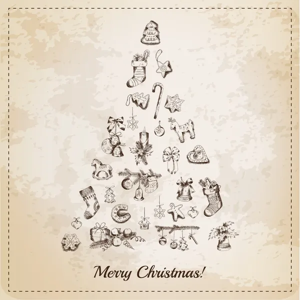 Vintage Christmas Tree Card - con elementos navideños dibujados a mano — Vector de stock