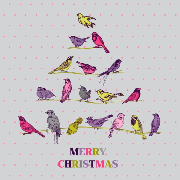Biglietto di Natale retrò - Uccelli sull'albero di Natale — Vettoriale Stock