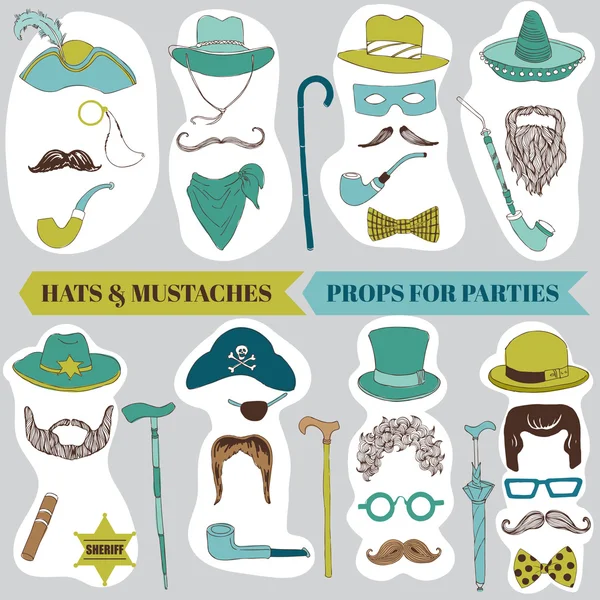 Conjunto de fiesta de cabina de fotos - Gafas, sombreros, labios, bigote, máscaras — Vector de stock