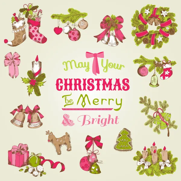 Cartão de Natal - com conjunto de elementos de Natal desenhados à mão —  Vetores de Stock