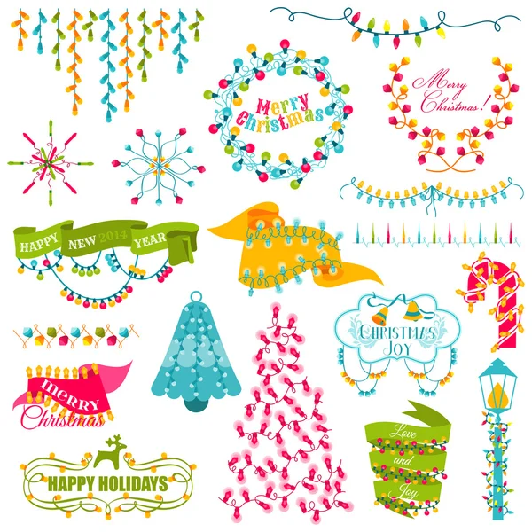 Christmas Frames, Wreath, Light bulbs Set - for design and scrap — Stock Vector