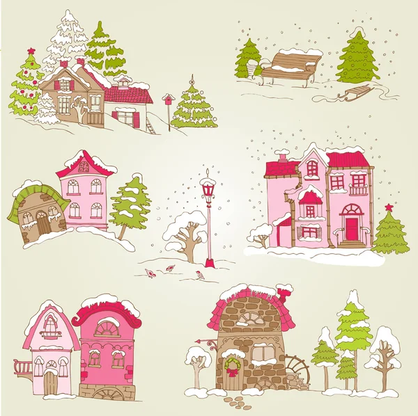 Set of Christmas Houses - for design and scrapbook - in vector — Stock Vector