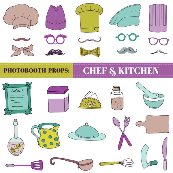 Chef y cocina - Photobooth Set - Gafas, sombreros, labios, bigote — Archivo Imágenes Vectoriales