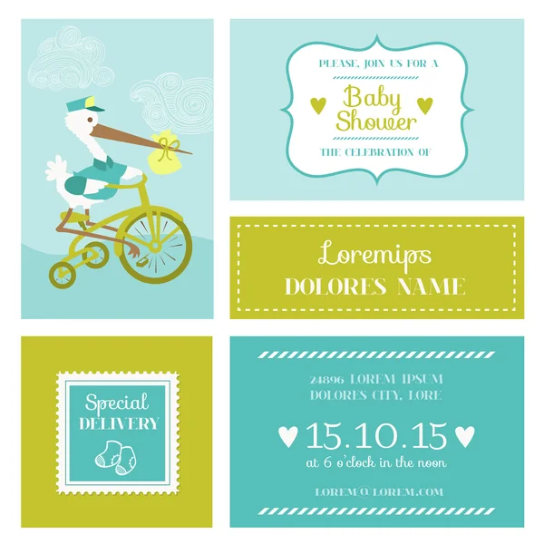 Baby Shower or Arrival Card with Stork - in vector — Stock Vector