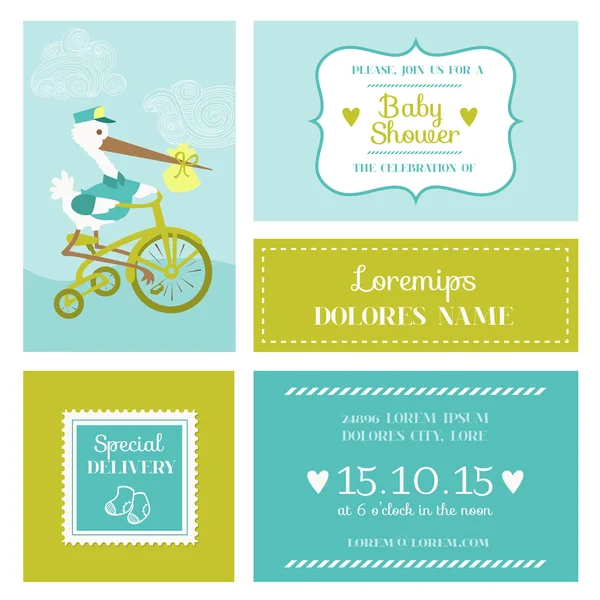 Baby Shower o tarjeta de llegada con cigüeña - en vector — Vector de stock