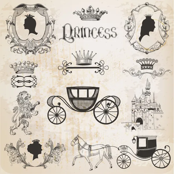 Vintage Princess Girl Set - for design and scrapbook - in vector — Stock Vector