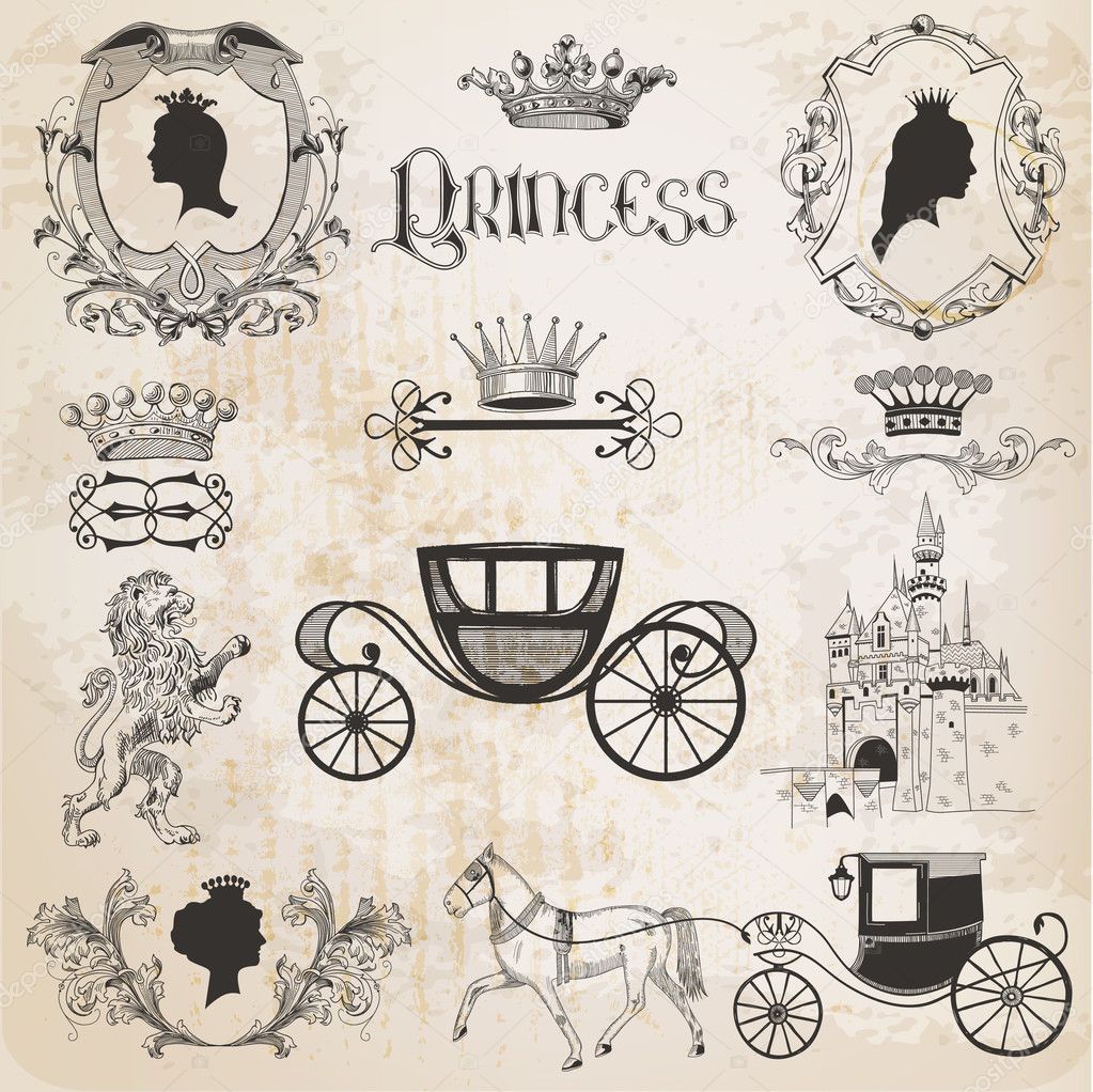 Vintage Princess Girl Set - for design and scrapbook - in vector