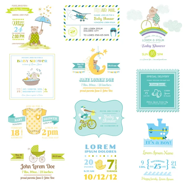 Set de Baby Shower y tarjetas de llegada - para diseño y álbum de recortes — Vector de stock