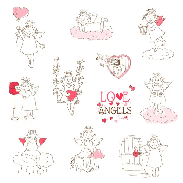 Conjunto de anjos bonitos e Cupidos - Amor, Casamento, Tema de Valentim — Vetor de Stock