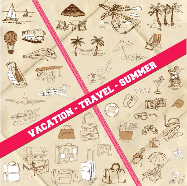 旅行、 夏天、 度假主题-手绘在矢量集 — 图库矢量图片