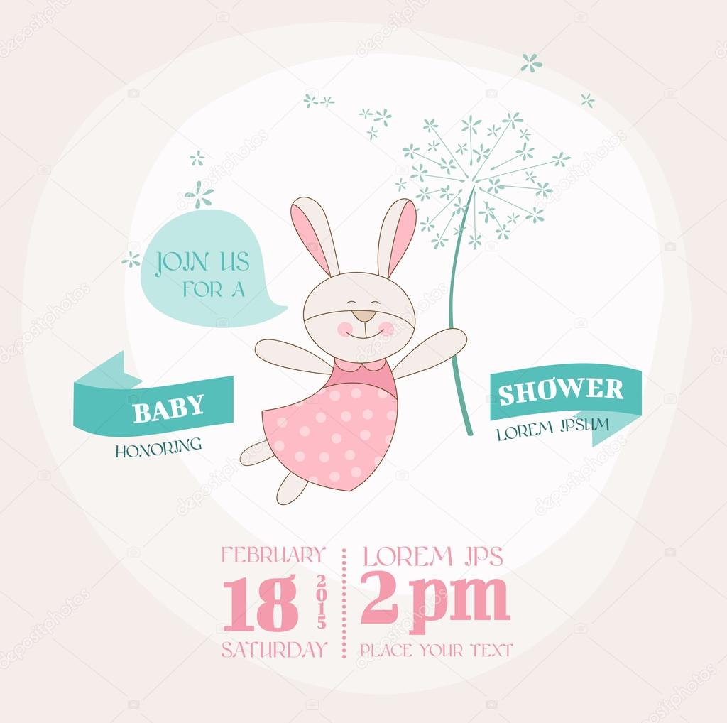Baby Shower or Arrival Card - Baby Bunny with Flower - in vector