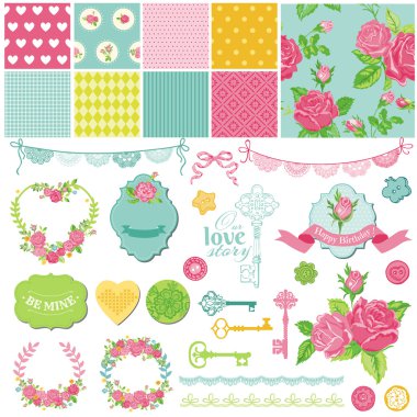 Scrapbook tasarım öğeleri - floral shabby chic Tema - vektör