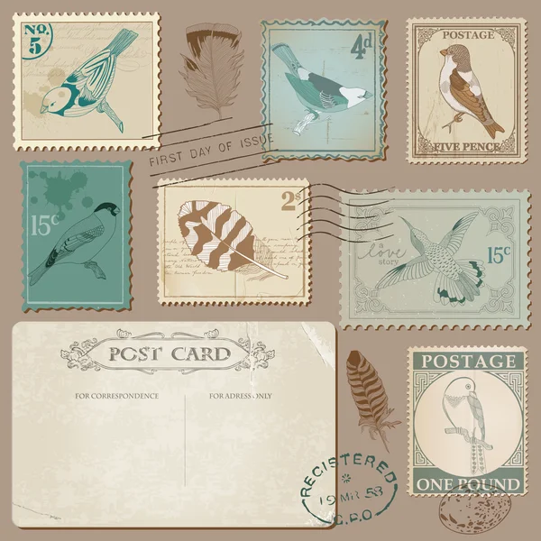 Carte postale vintage et timbres-poste avec oiseaux - pour mariage — Image vectorielle