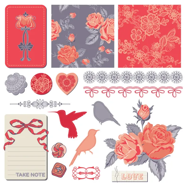 Scrapbook Elementos de Diseño - Rosas y Aves Vintage - en vector — Archivo Imágenes Vectoriales