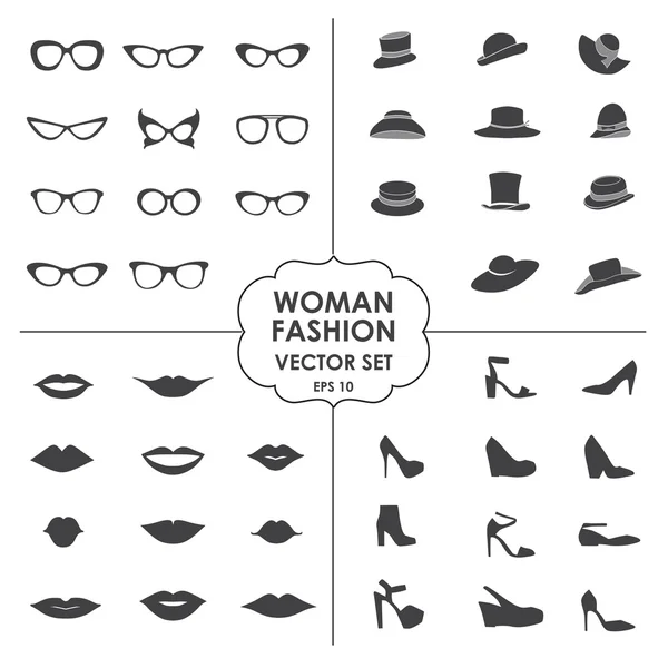 女性ファッションのベクトル - アイコン、ガラス、帽子、靴、唇を設定 — ストックベクタ