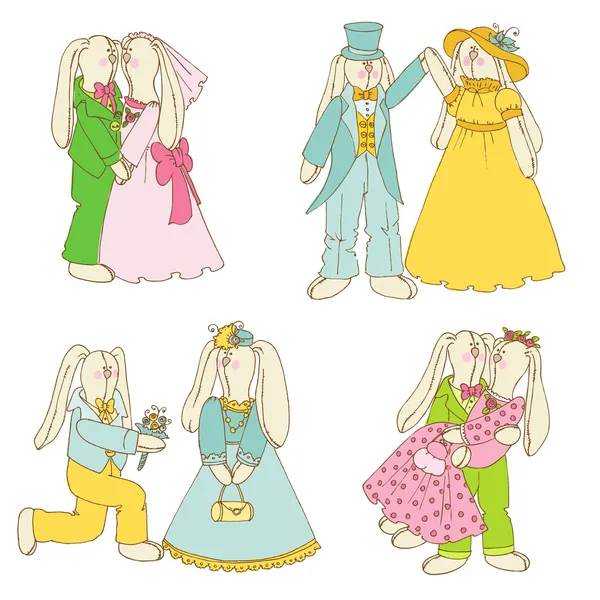 Set of Bunny Dolls - in Love, Wedding - in vector — Stock Vector