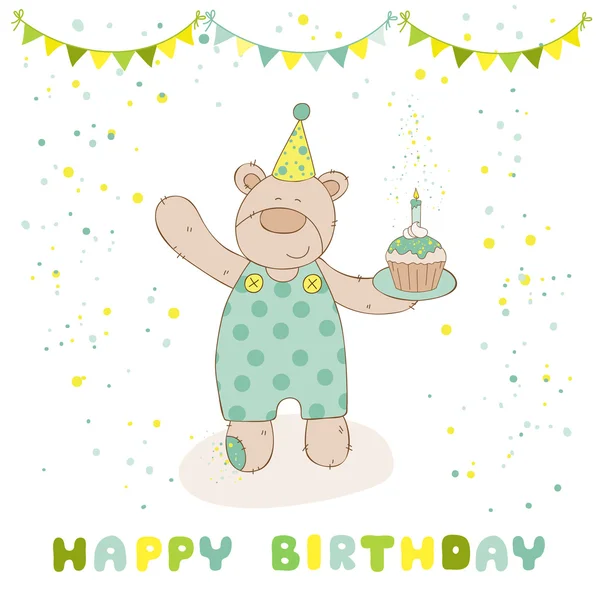 Joyeux anniversaire et carte de fête - bébé ours et gâteau d'anniversaire — Image vectorielle