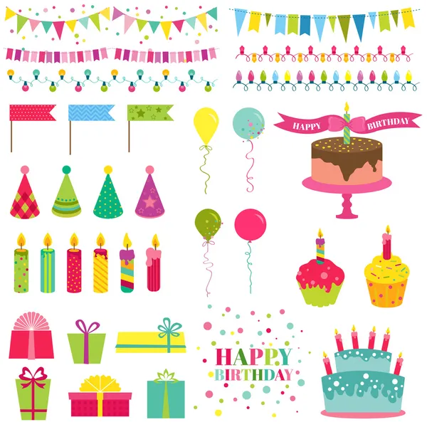 Happy Birthday and Party Set - pour le design et le scrapbook — Image vectorielle