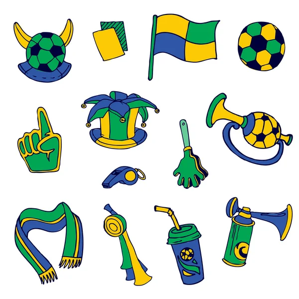 Éléments de ventilateur : Football, Footall, Brésil - dessiné à la main - dans le vecteur — Image vectorielle