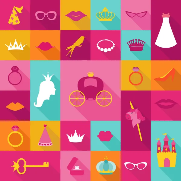 Priness Flat Icons Set - crown, lips, rings, hats - in vector Stock Illustration