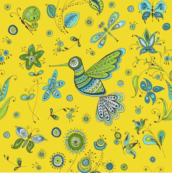 Doodles de primavera y verano - pájaro, mariposas, flores — Archivo Imágenes Vectoriales