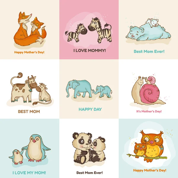 Happy Mothers Day Cards - con simpatici animali - in vettoriale — Vettoriale Stock