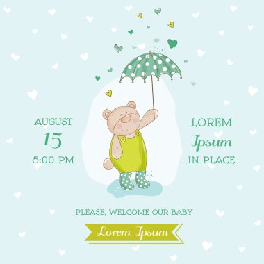Bebek duş veya varış kartı - şemsiye çizim ile ayı