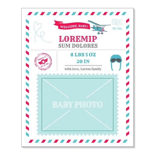 Baby Arrival Card - with Airplane Vintage Postcard and Photo Frame — Stock Vector