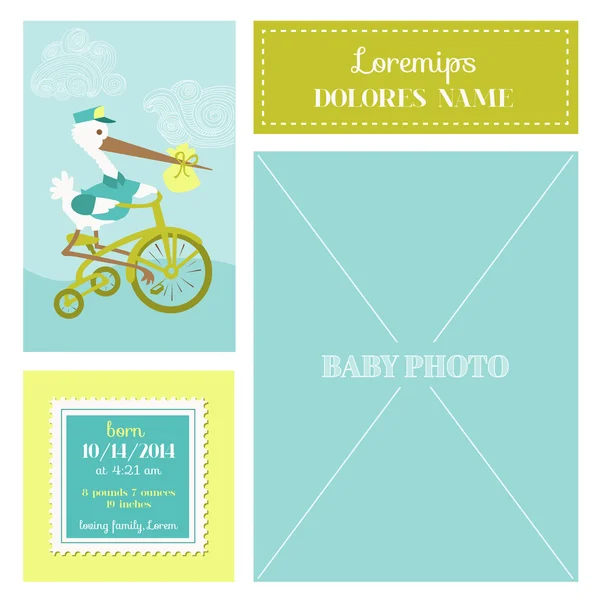 Tarjeta de llegada del bebé - con cigüeña y marco de fotos - en el vector — Archivo Imágenes Vectoriales
